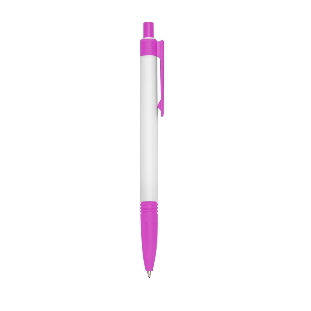 Caneta plástica leitosa com pega em anéis e clipe reto personalizada com a logo da empresa, na cor rosa / branco