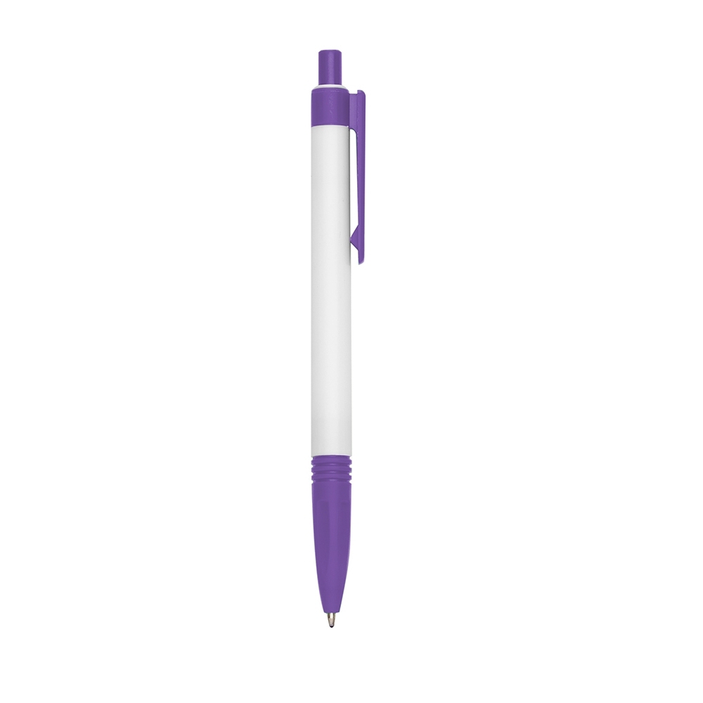 Caneta plástica leitosa com pega em anéis e clipe reto personalizada com a logo da empresa, na cor roxo / branco
