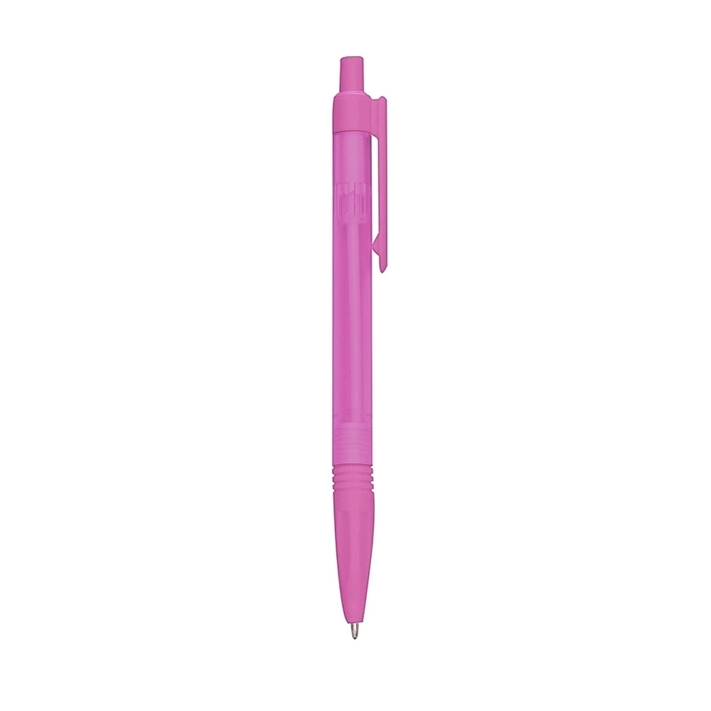 Caneta plástica translúcida com pega em anéis e clipe reto personalizada com a logo da empresa, na cor rosa