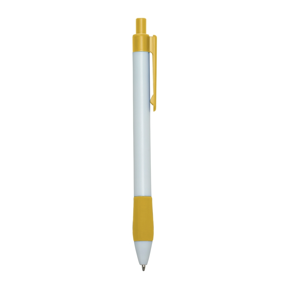 Caneta plástica leitosa com pega emborrachada e clipe reto personalizada com a logo da empresa, na cor amarelo / branco