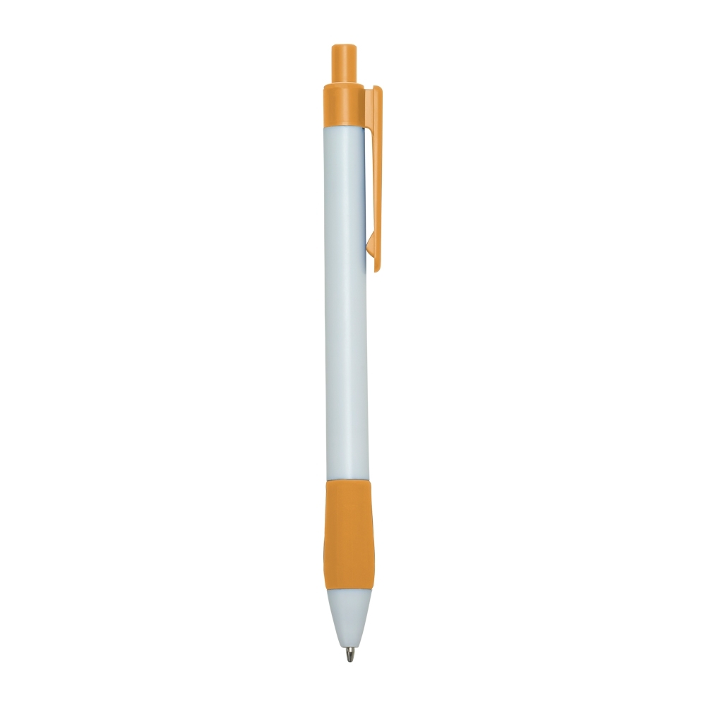 Caneta plástica leitosa com pega emborrachada e clipe reto personalizada com a logo da empresa, na cor laranja / branco