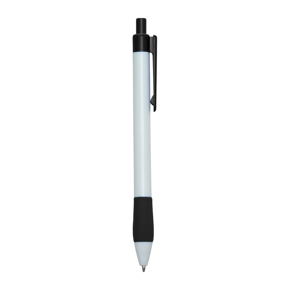 Caneta plástica leitosa com pega emborrachada e clipe reto na cor Preto / Branco, personalizada com a logo da empresa