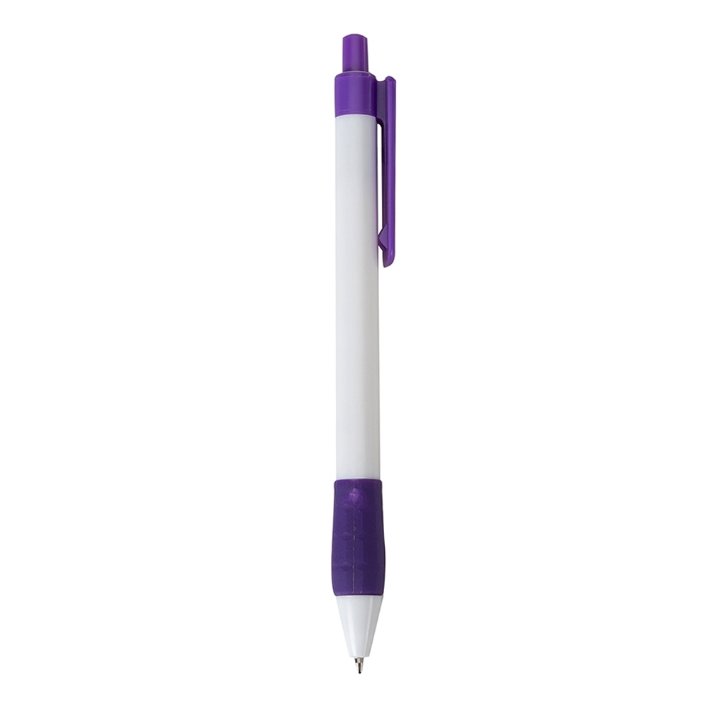 Caneta plástica leitosa com pega emborrachada e clipe reto personalizada com a logo da empresa, na cor roxo / branco