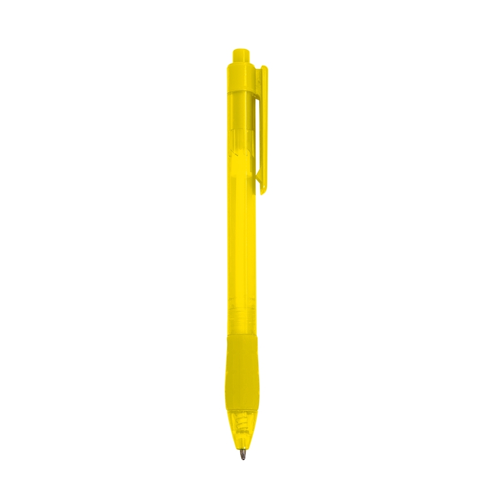 Caneta plástica translúcida com pega emborrachada e clipe reto personalizada com a logo da empresa, na cor amarelo / branco