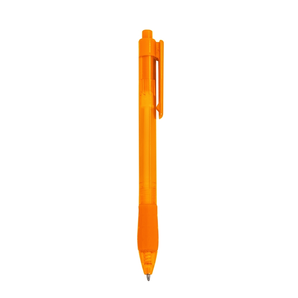 Caneta plástica translúcida com pega emborrachada e clipe reto personalizada com a logo da empresa, na cor laranja