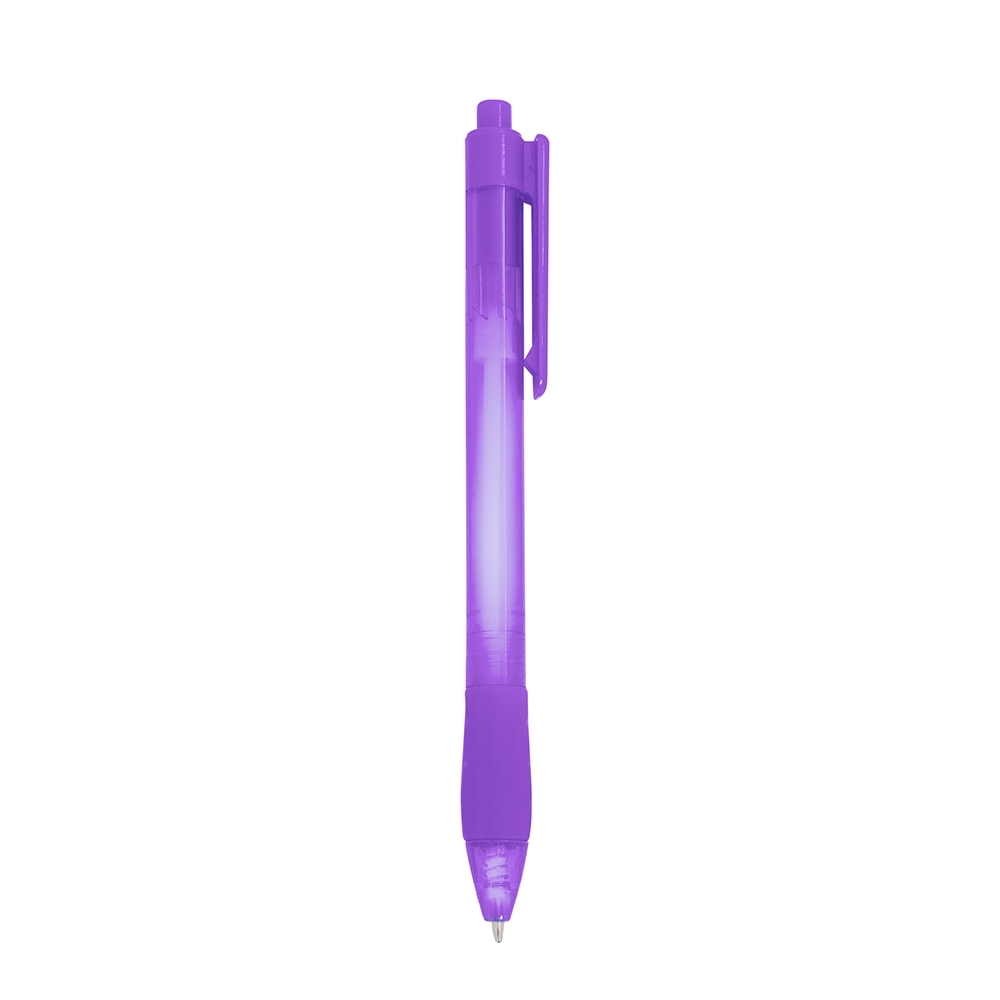 Caneta plástica translúcida com pega emborrachada e clipe reto personalizada com a logo da empresa, na cor lilás