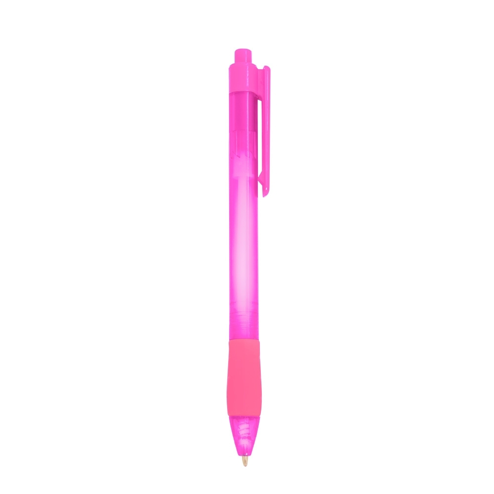 Caneta plástica translúcida com pega emborrachada e clipe reto personalizada com a logo da empresa, na cor rosa