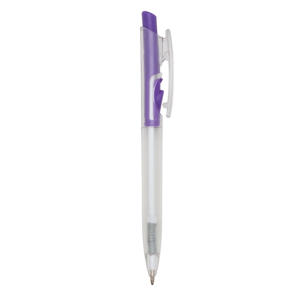 Caneta plástica de corpo transparente com clipe recortado colorido personalizada com a logo da empresa, na cor roxo / branco