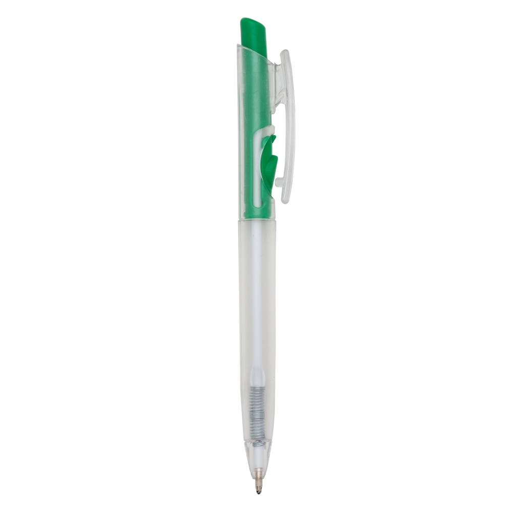 Caneta plástica de corpo transparente com clipe recortado colorido na cor Verde / Branco, personalizada com a logo da empresa