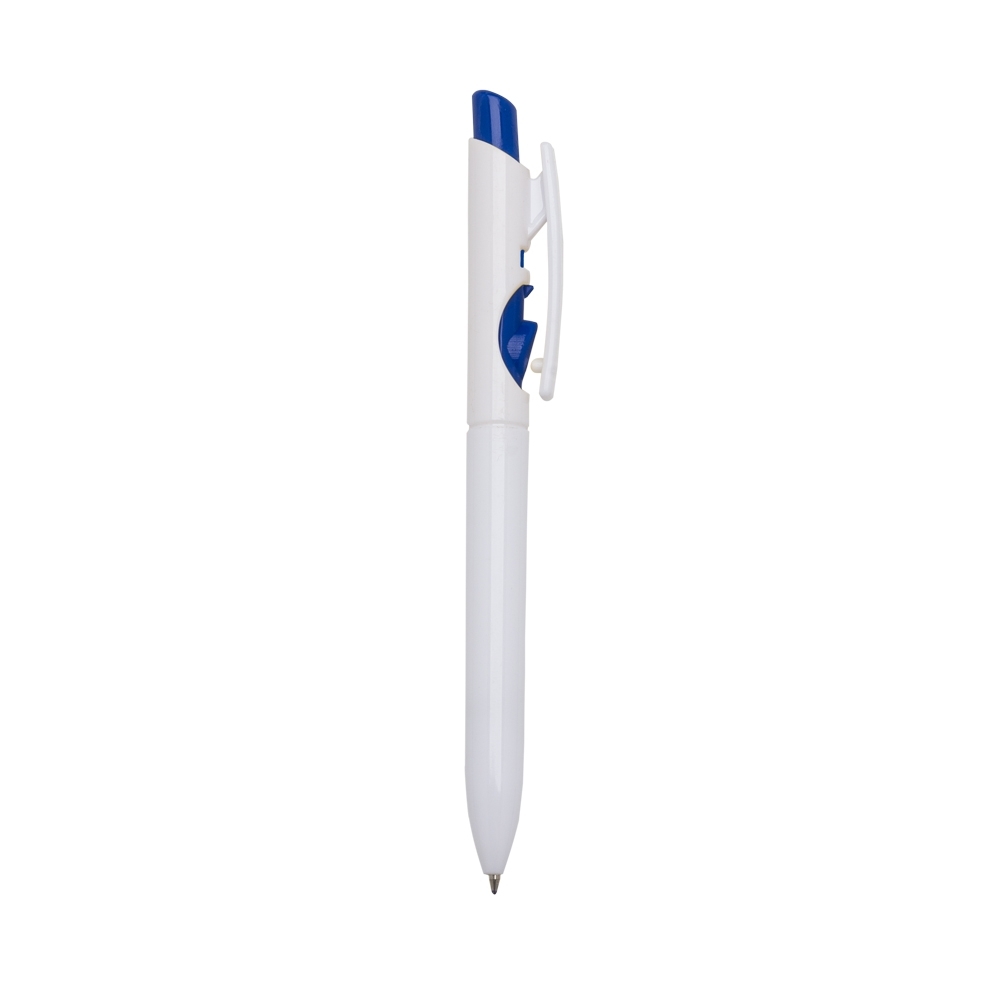 Caneta plástica de cor sólida com clipe recortado e botão em contraste personalizada com a logo da empresa, na cor azul / branco