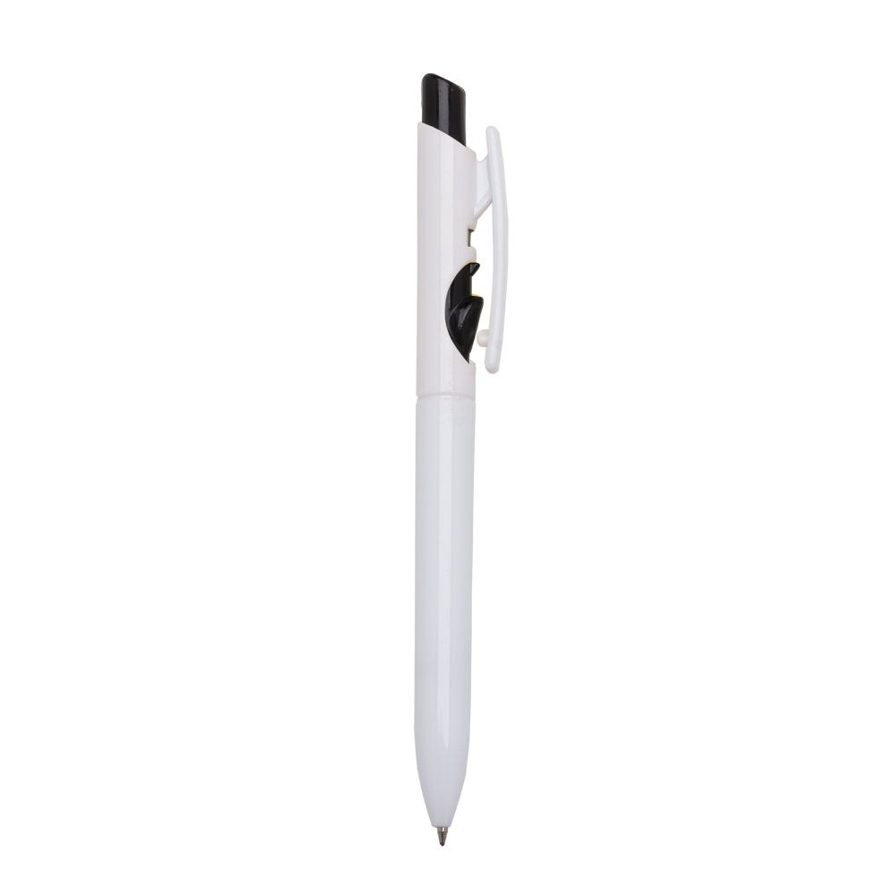 Caneta plástica de cor sólida com clipe recortado e botão em contraste na cor Preto / Branco, personalizada com a logo da empresa