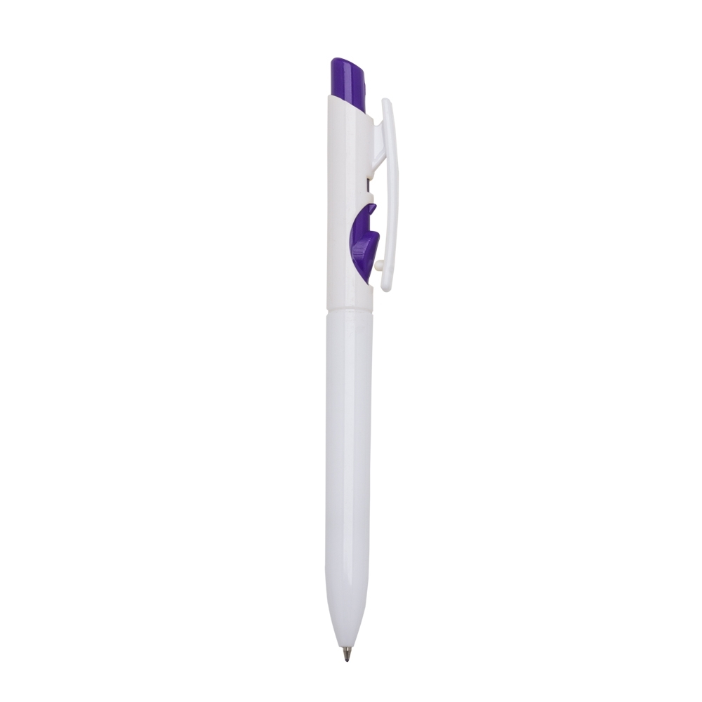 Caneta plástica de cor sólida com clipe recortado e botão em contraste personalizada com a logo da empresa, na cor roxo / branco