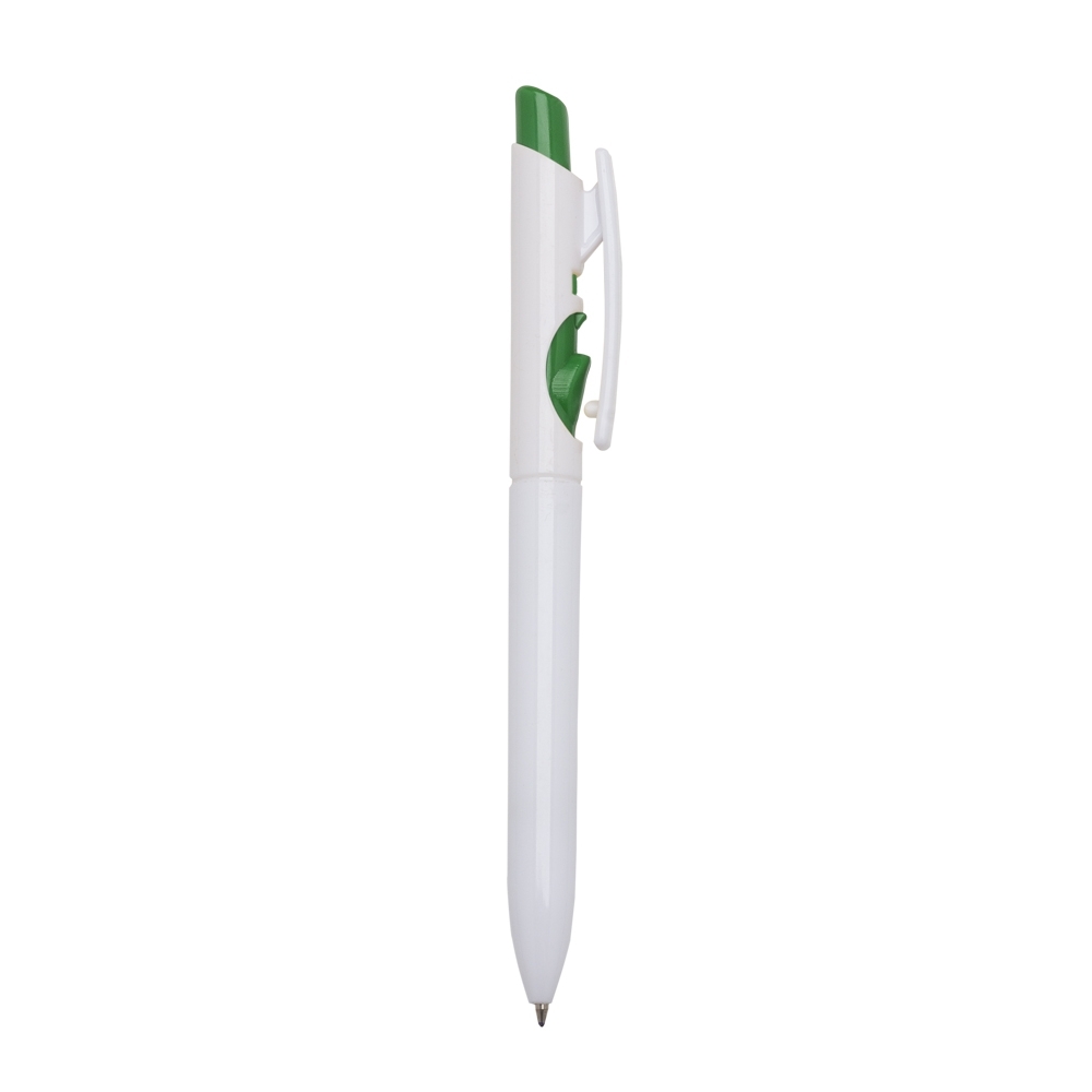 Caneta plástica de cor sólida com clipe recortado e botão em contraste personalizada com a logo da empresa, na cor verde / branco