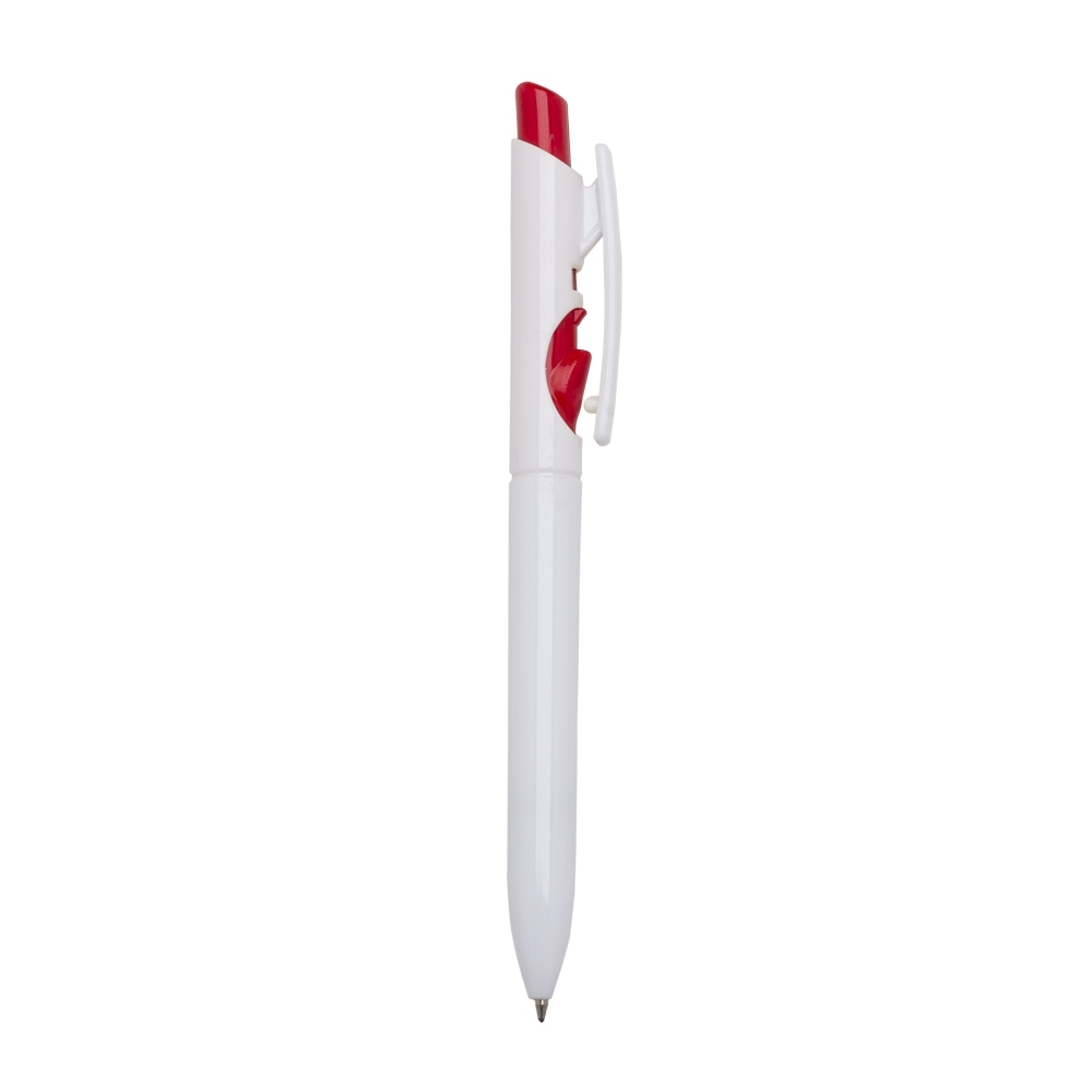 Caneta plástica de cor sólida com clipe recortado e botão em contraste personalizada com a logo da empresa, na cor vermelho / branco