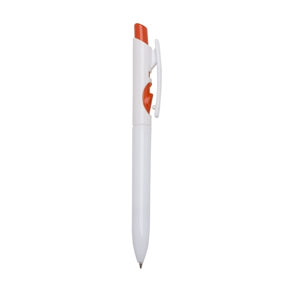 Caneta plástica com tinta preta, corpo branco e clipe recortado na cor Branco / Laranja, personalizada com a logo da empresa