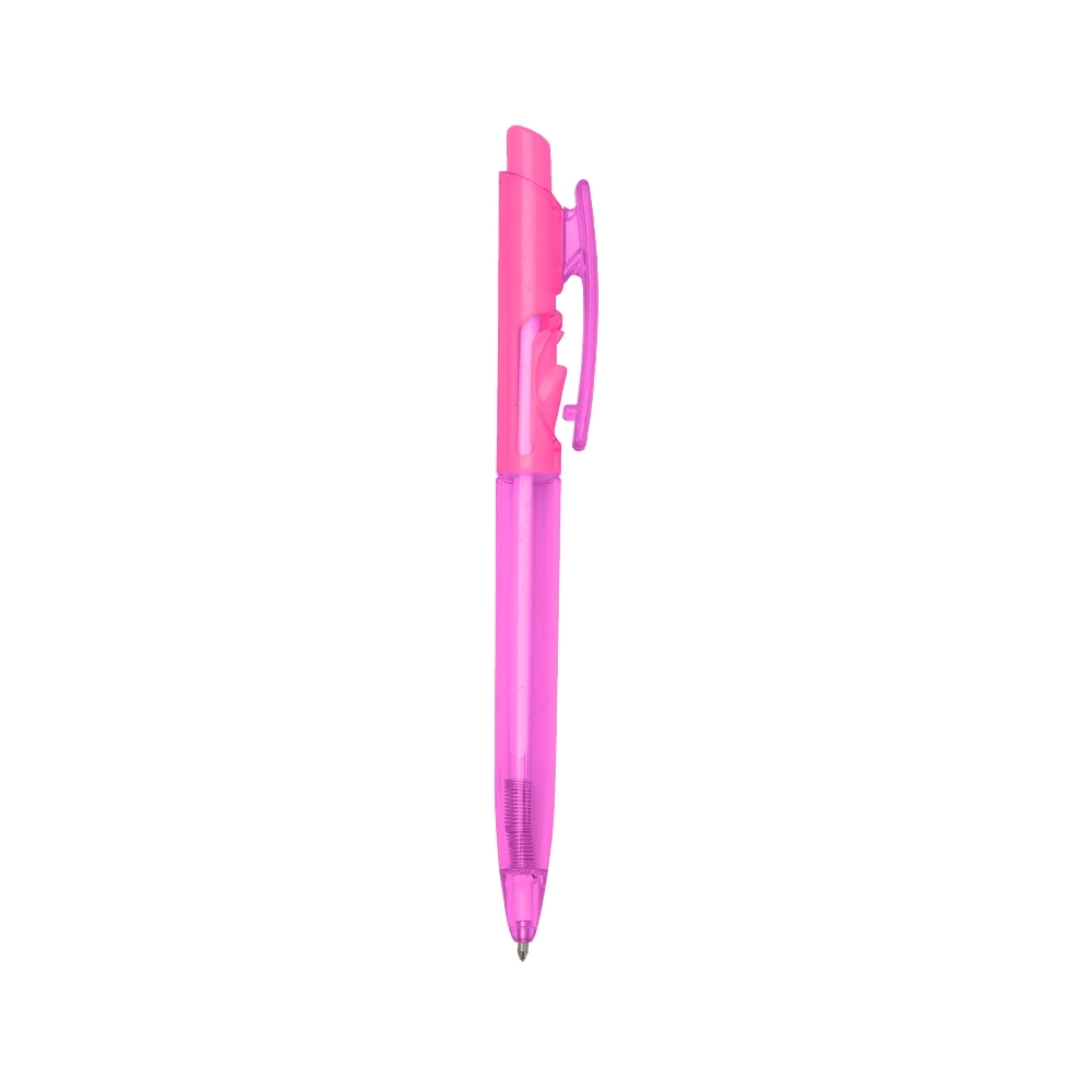 Caneta plástica translúcida com clipe recortado personalizada com a logo da empresa, na cor rosa