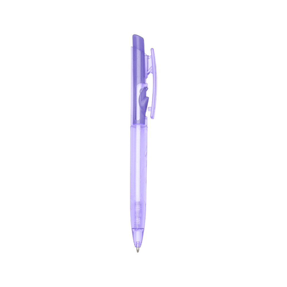 Caneta plástica translúcida com clipe recortado personalizada com a logo da empresa, na cor roxo