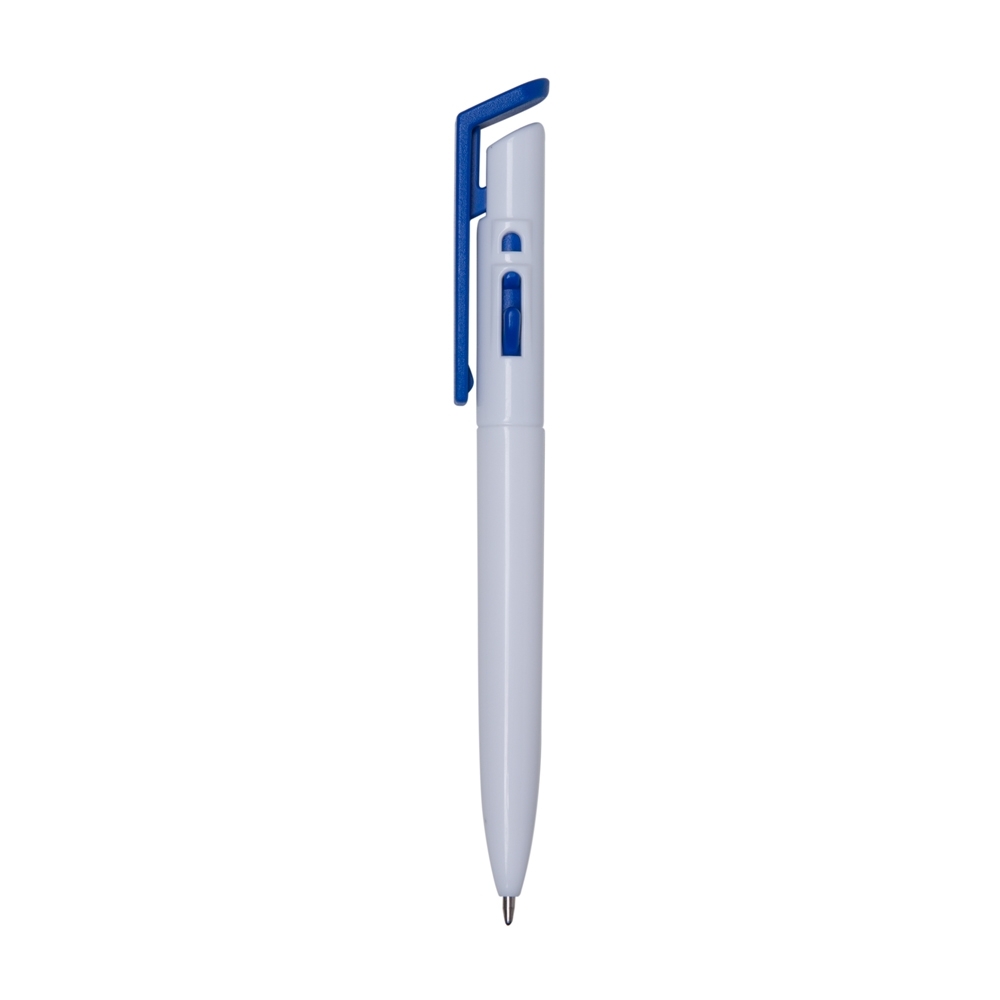 Caneta plástica de cor sólida com clipe quadrado em contraste personalizada com a logo da empresa, na cor branco / azul