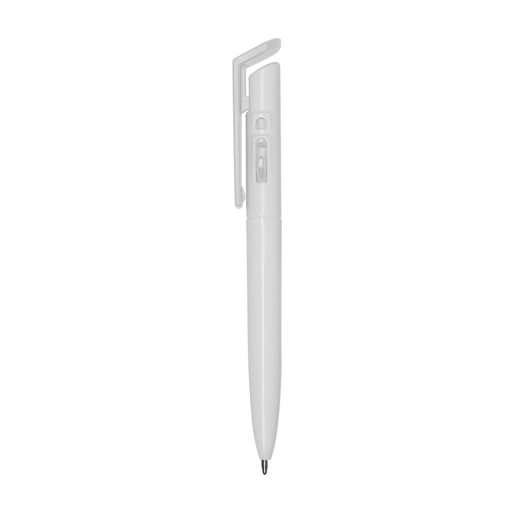 Caneta plástica de cor sólida com clipe quadrado em contraste na cor Branco, personalizada com a logo da empresa