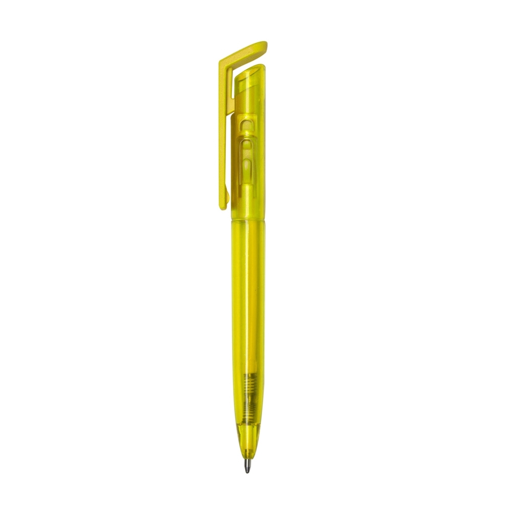 Caneta plástica translúcida com clipe quadrado personalizada com a logo da empresa, na cor amarelo