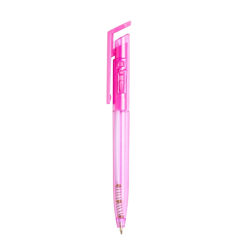 Caneta plástica translúcida com clipe quadrado personalizada com a logo da empresa, na cor rosa