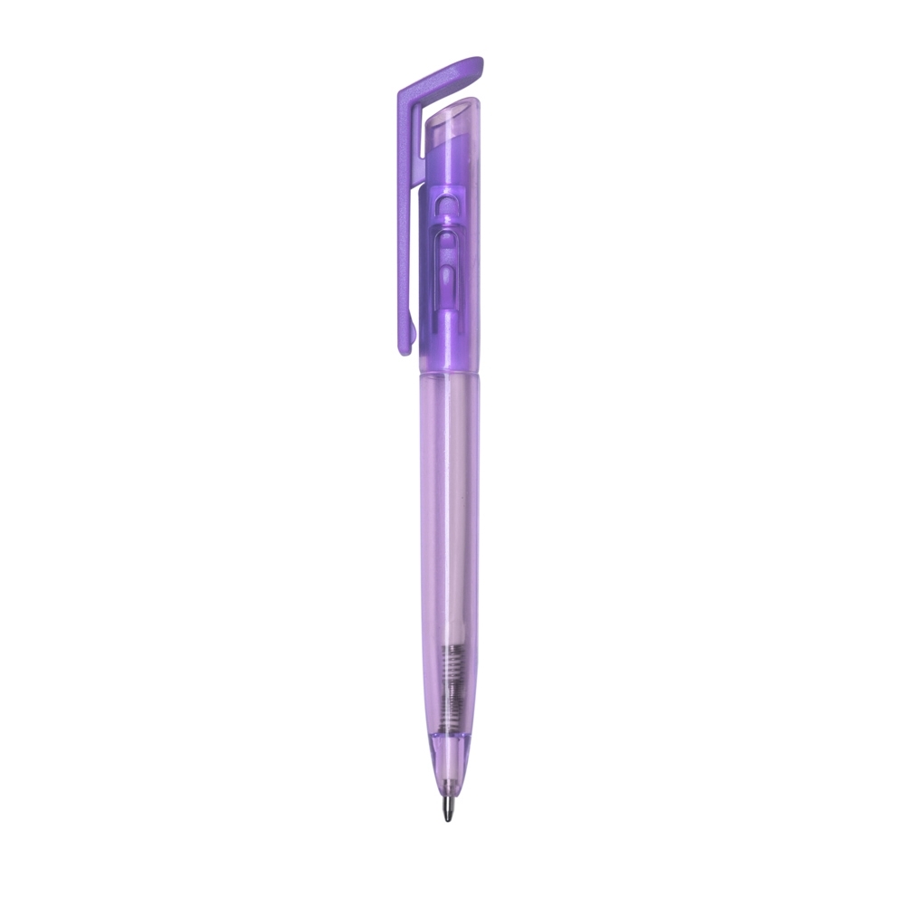 Caneta plástica translúcida com clipe quadrado personalizada com a logo da empresa, na cor roxo