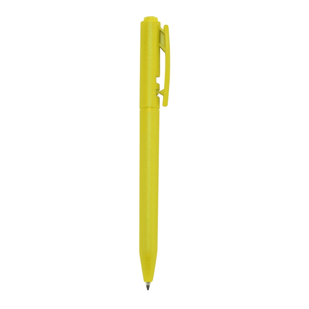 Caneta plástica de corpo arredondado em cor única personalizada com a logo da empresa, na cor amarelo