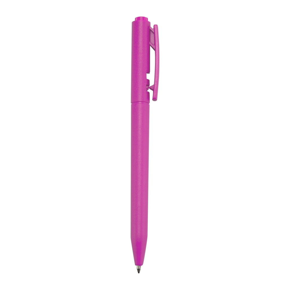 Caneta plástica de corpo arredondado em cor única personalizada com a logo da empresa, na cor rosa