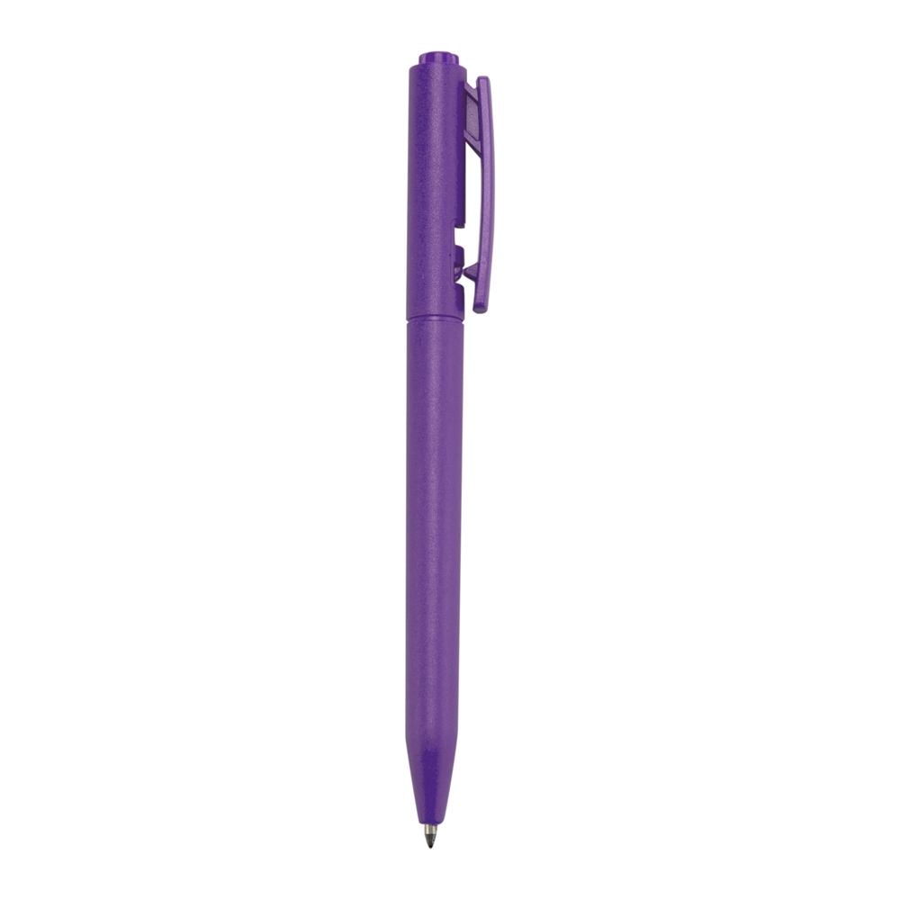 Caneta plástica de corpo arredondado em cor única personalizada com a logo da empresa, na cor roxo