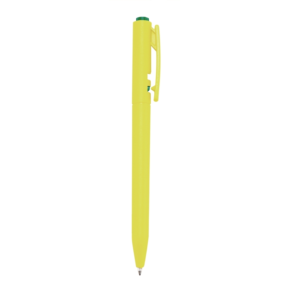 Caneta plástica de corpo arredondado com botão em contraste personalizada com a logo da empresa, na cor amarelo / verde