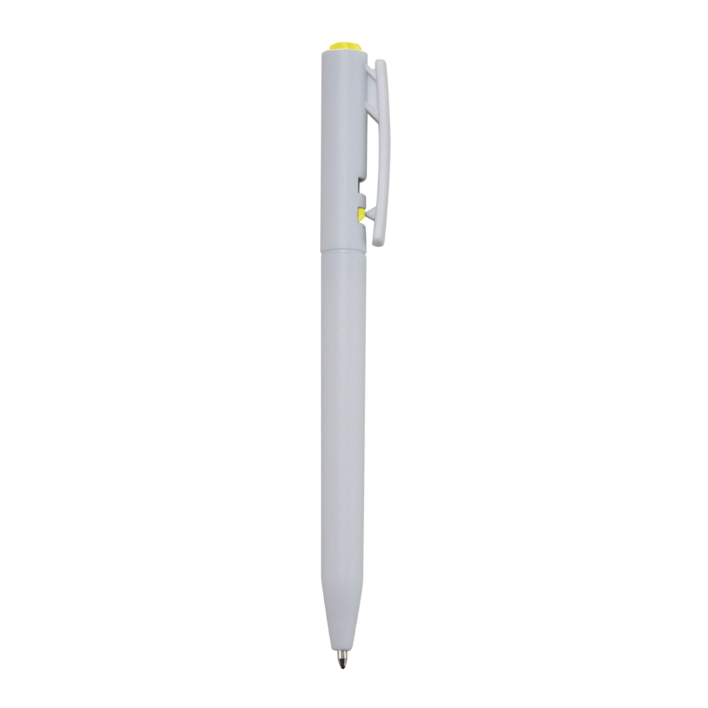 Caneta plástica de corpo arredondado com botão em contraste na cor Branco / Amarelo, personalizada com a logo da empresa