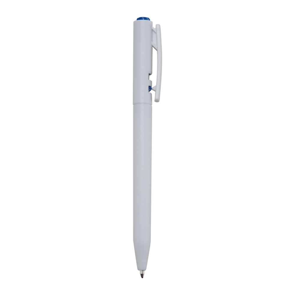 Caneta plástica com tinta preta, corpo branco e clipe colorido na cor Branco / Azul, personalizada com a logo da empresa