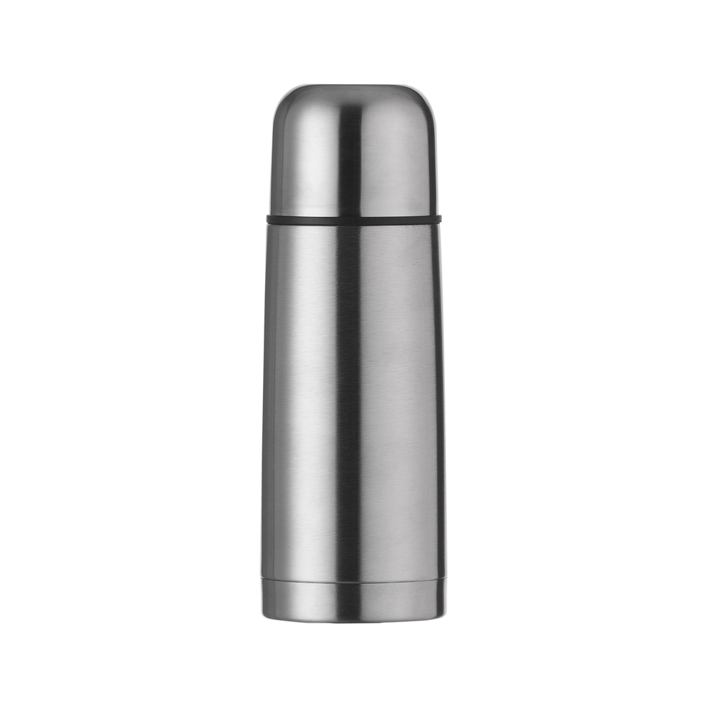 Garrafa térmica inox 350 ml com capa, alça e tampa interna de clique na cor Inox, personalizada com a logo da empresa