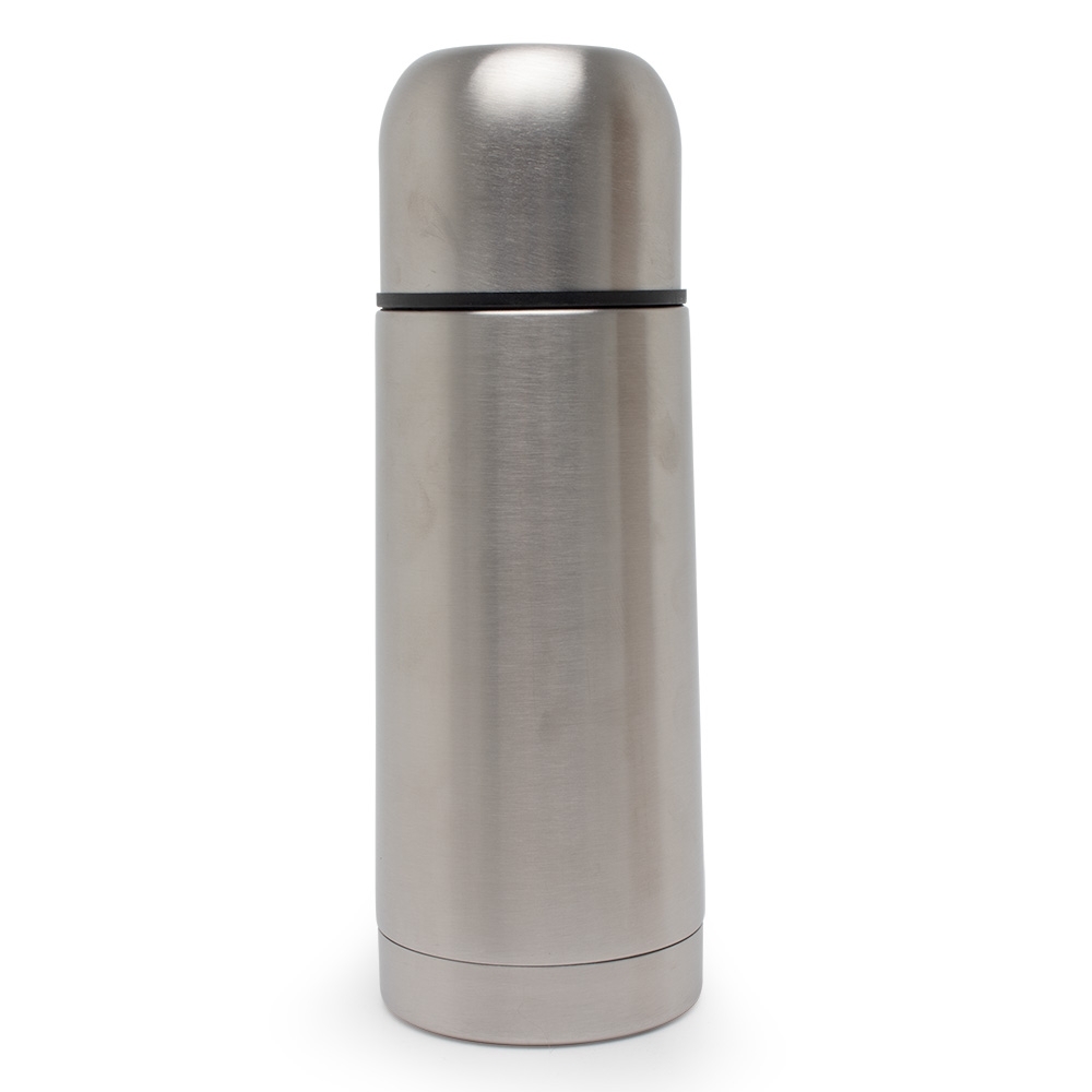 Garrafa térmica inox 350 ml com capa de couro sintético e alça na cor Inox, personalizada com a logo da empresa