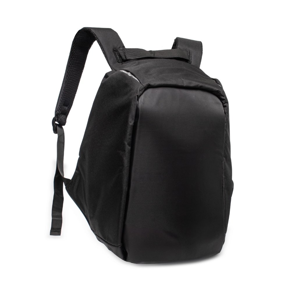 Mochila anti-furto USB 24 litros de poliéster para notebook na cor Preto, personalizada com a logo da empresa