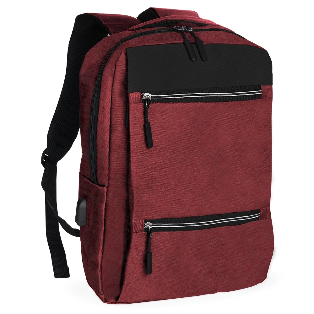 Mochila de nylon USB 20 litros com 4 compartimentos e engate de mala na cor Vermelho / Preto, personalizada com a logo da empresa