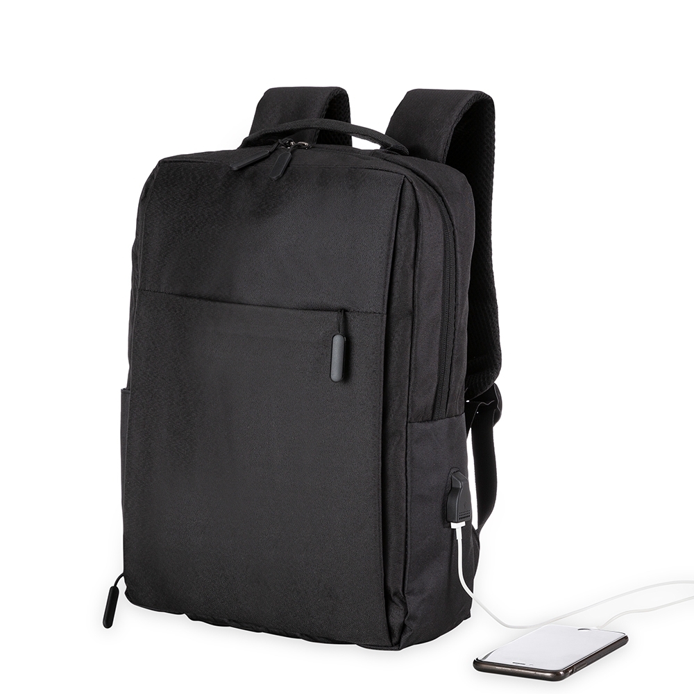 Mochila de nylon USB 20 litros com 3 compartimentos e divisórias na cor Preto, personalizada com a logo da empresa