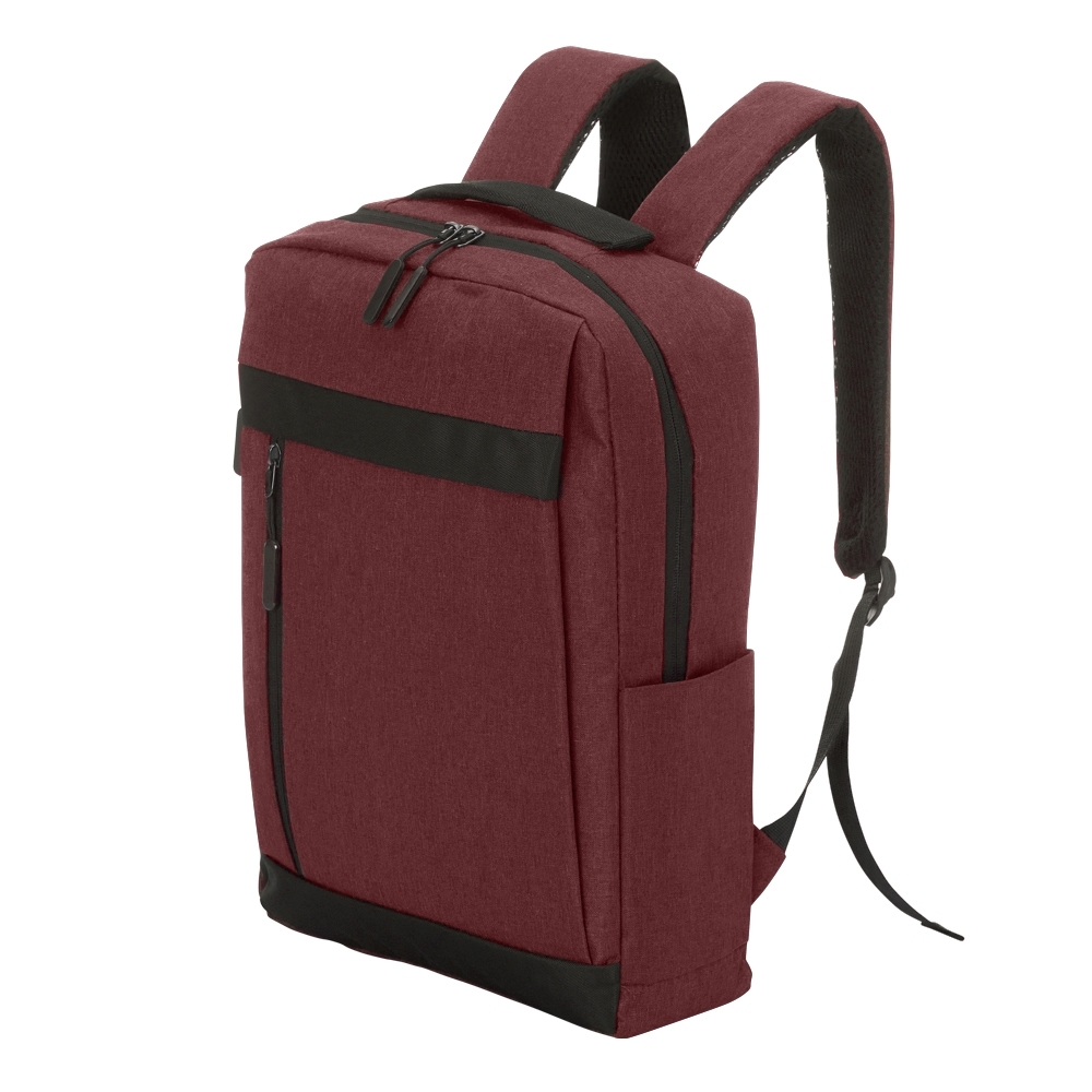 Mochila de nylon USB 18 litros impermeável com 3 compartimentos personalizada com a logo da empresa, na cor vermelho / preto
