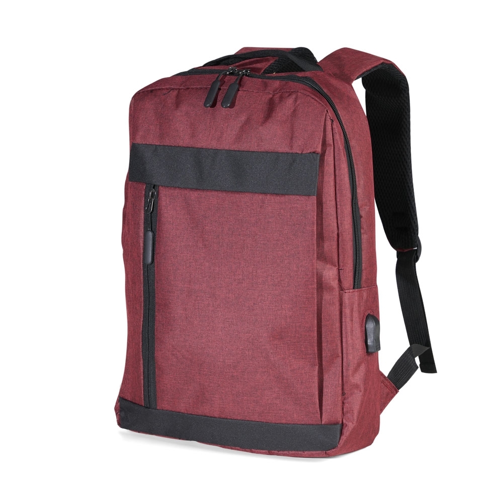 Mochila de nylon USB 19 litros para notebook com 2 compartimentos na cor Vermelho / Preto, personalizada com a logo da empresa