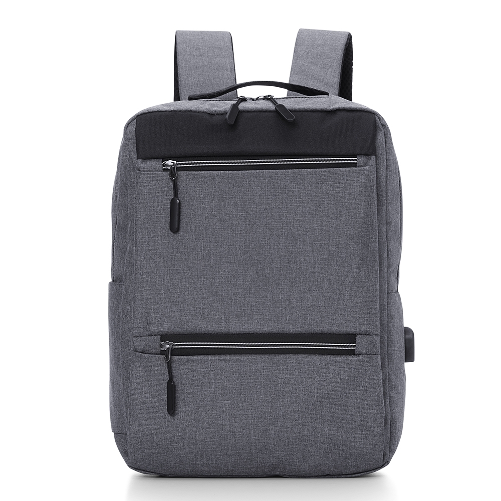 Mochila de nylon USB 20 litros impermeável com 3 compartimentos personalizada com a logo da empresa, na cor prata / preto