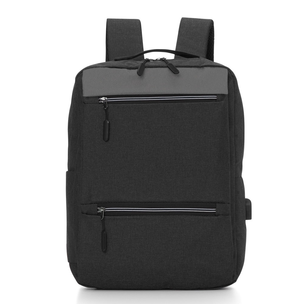 Mochila de nylon USB 20 litros impermeável com 3 compartimentos na cor Preto / Prata, personalizada com a logo da empresa
