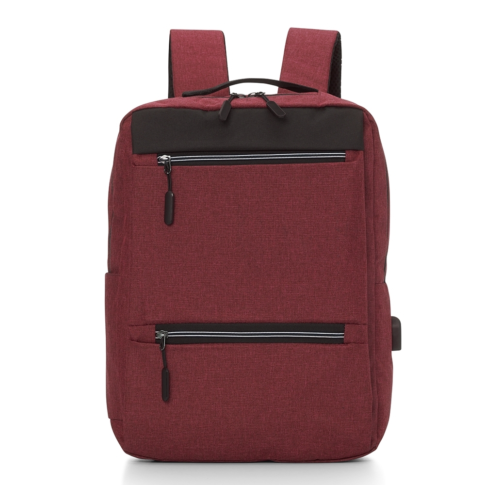 Mochila de nylon USB 20 litros impermeável com 3 compartimentos personalizada com a logo da empresa, na cor vermelho / preto