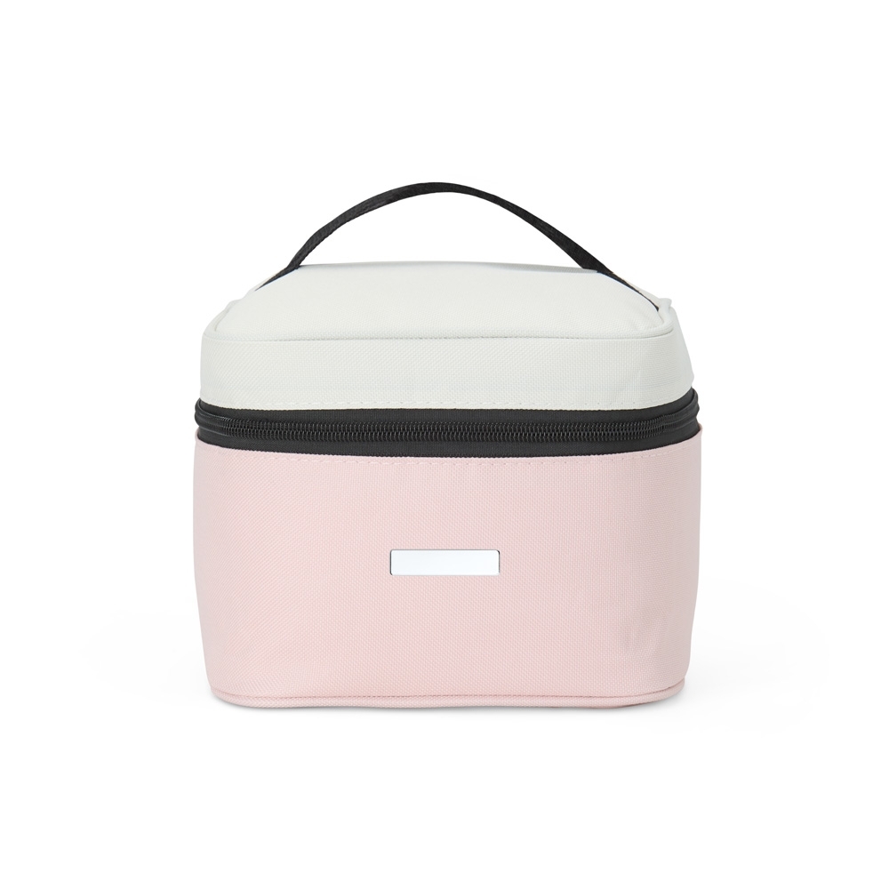 Bolsa térmica 5 litros de nylon personalizada com a logo da empresa, na cor rosa / branco