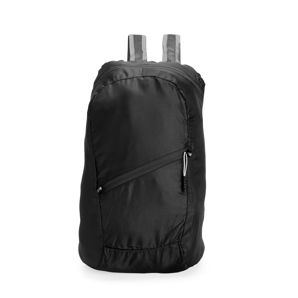 Mochila dobrável poliéster 16 litros impermeável com bolso frontal na cor Preto, personalizada com a logo da empresa