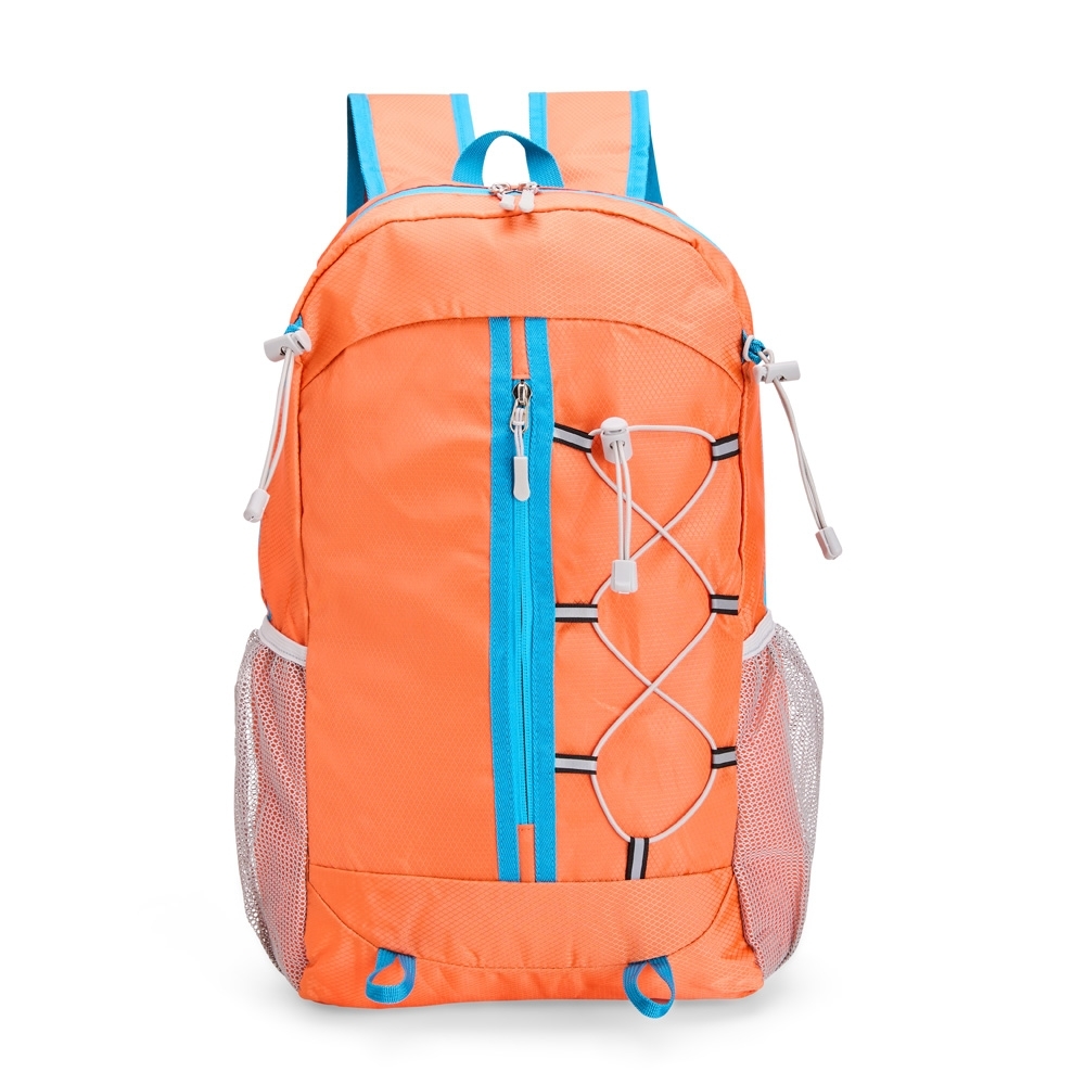 Mochila dobrável poliéster 23 litros impermeável com divisórias personalizada com a logo da empresa, na cor laranja / azul
