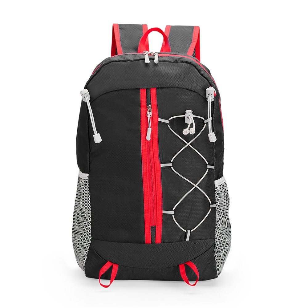 Mochila dobrável poliéster 23 litros impermeável com divisórias na cor Preto / Vermelho, personalizada com a logo da empresa