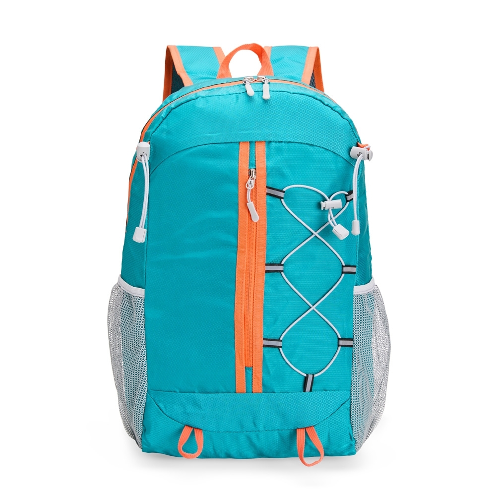 Mochila dobrável poliéster 23 litros impermeável com divisórias personalizada com a logo da empresa, na cor verde / laranja