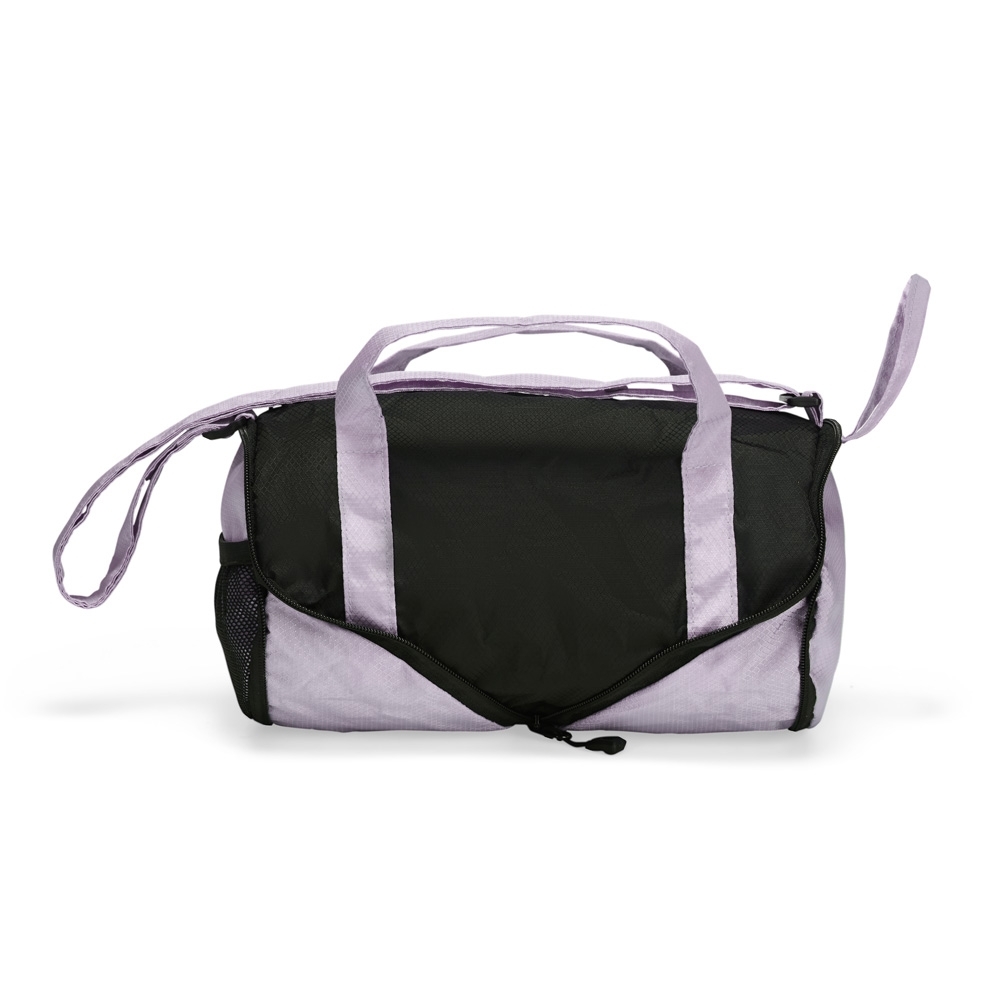 Bolsa dobrável poliéster 6 litros impermeável personalizada com a logo da empresa, na cor roxo / preto