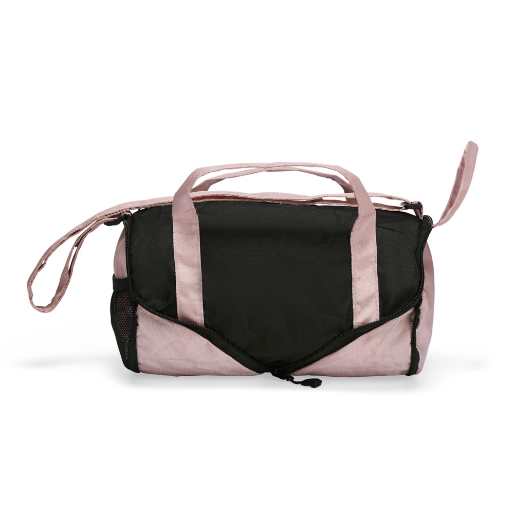 Bolsa dobrável poliéster 6 litros impermeável personalizada com a logo da empresa, na cor rosa / preto