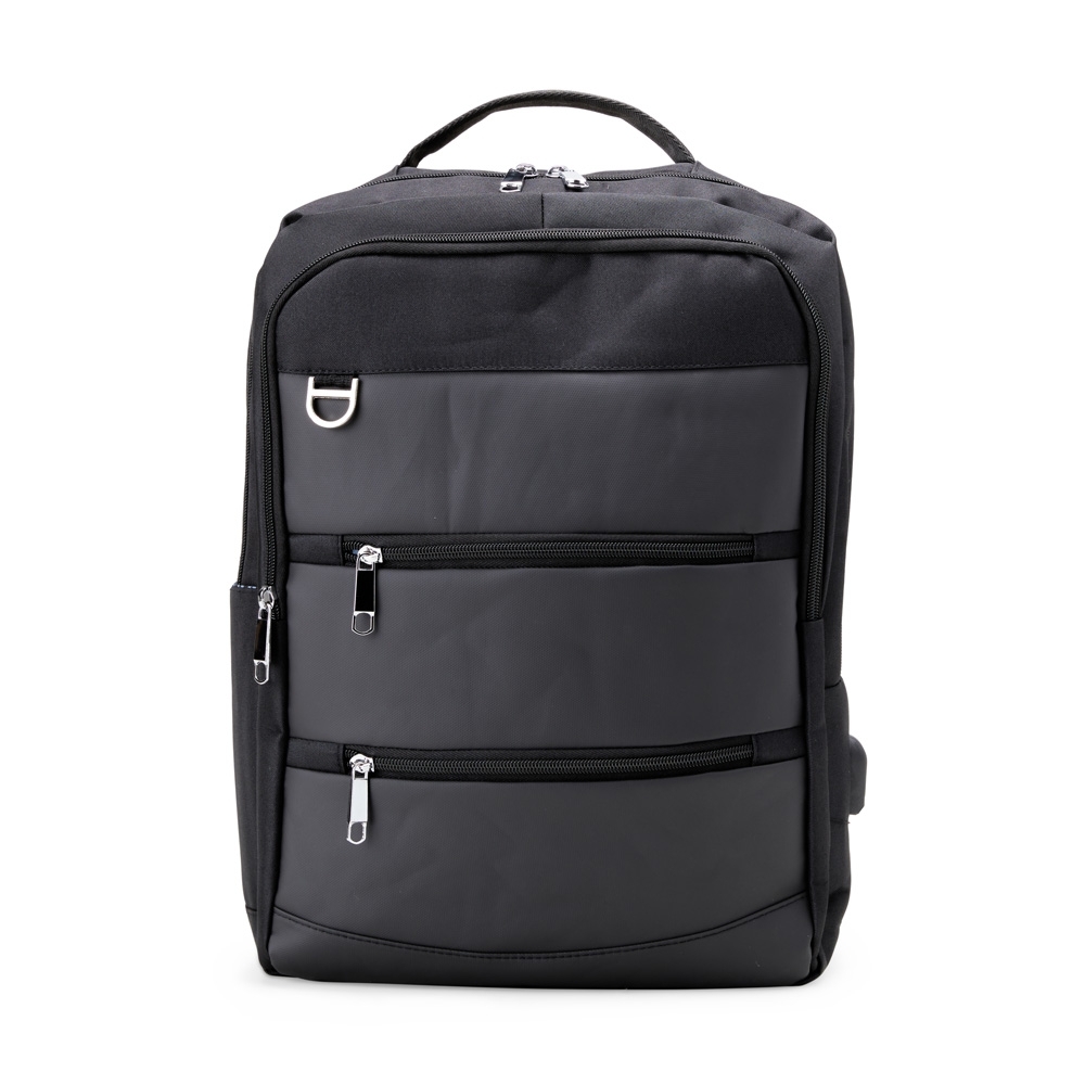Mochila de nylon 23 litros com couro sintético, 4 compartimentos e USB na cor Preto, personalizada com a logo da empresa